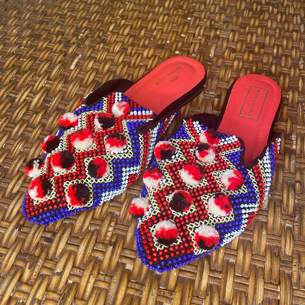 Zarah Juan Batwing Mules with Pompoms